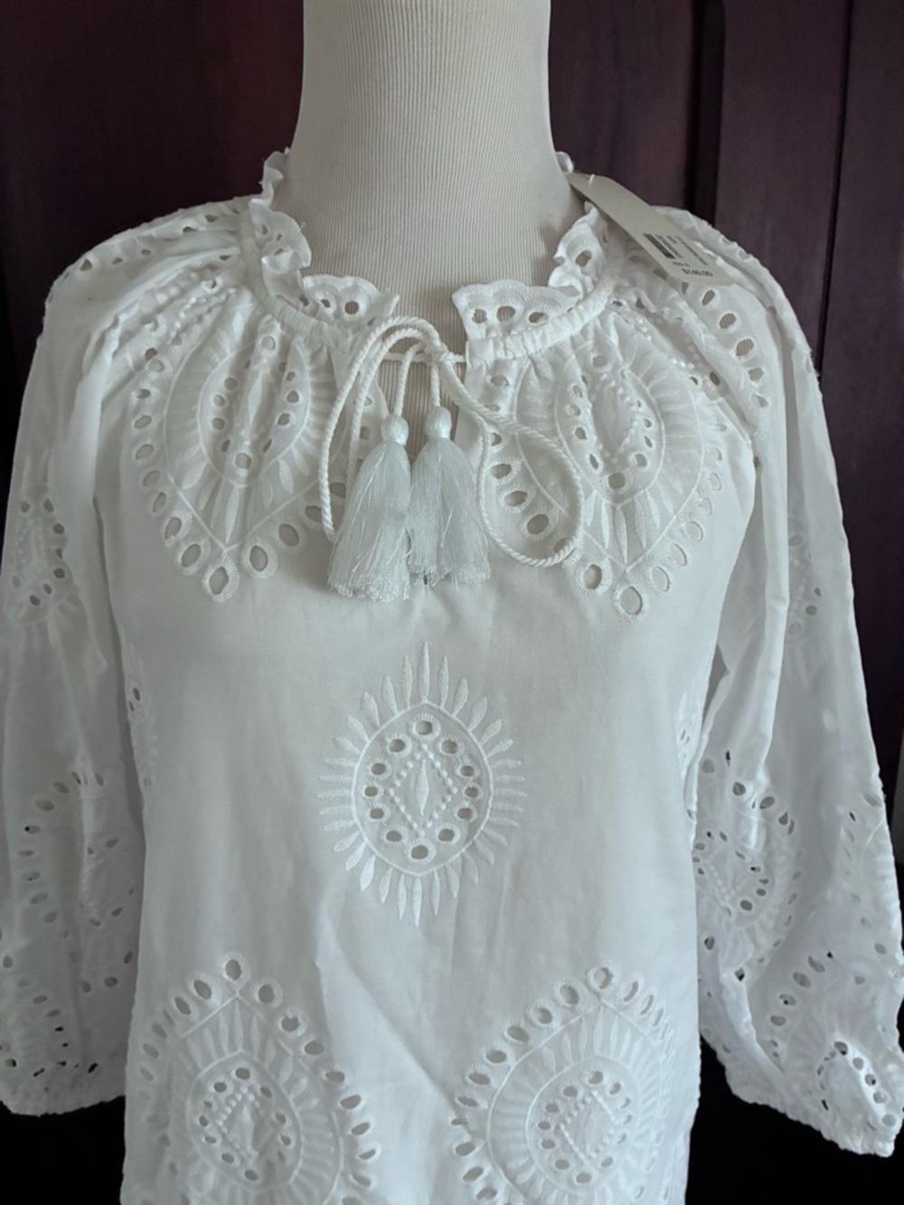 Soft Surroundings White Embroidered Midi Dress with Tassel Tie